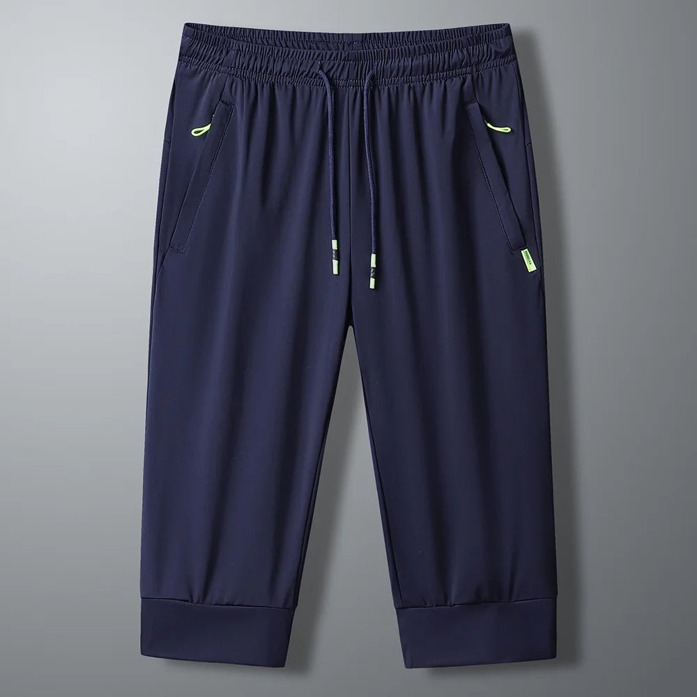 2024 Black Summer New Running Loose Ice silk Zipper Pocket Seven Quarter Pants Men Thin Casual Beach Over Knee Straight Shorts