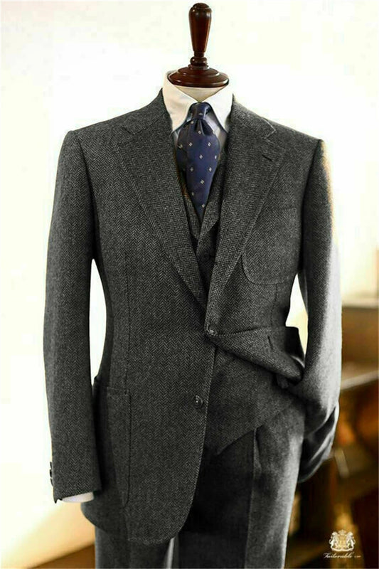Tuxedo for Mens: Herringbone Suit Men 3 Pieces Formal Business Tweed Tuxedo