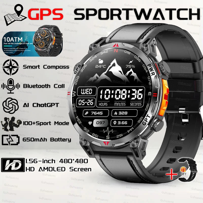 2025New Military GPS Sport Smartwatch Men 650mAh AMOLED Screen Compass Altimeter 10ATM Waterproof Heart Rate Wireless Call Clock
