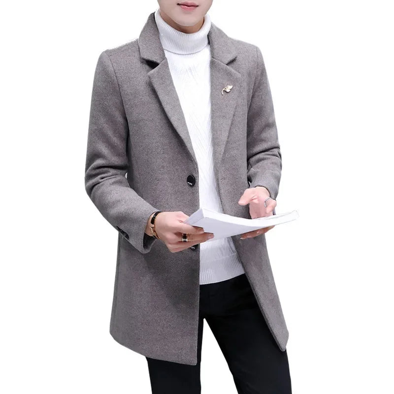 Winter Korean Version Slim Mid Length Suit Men's Casual Woolen  Solid Color