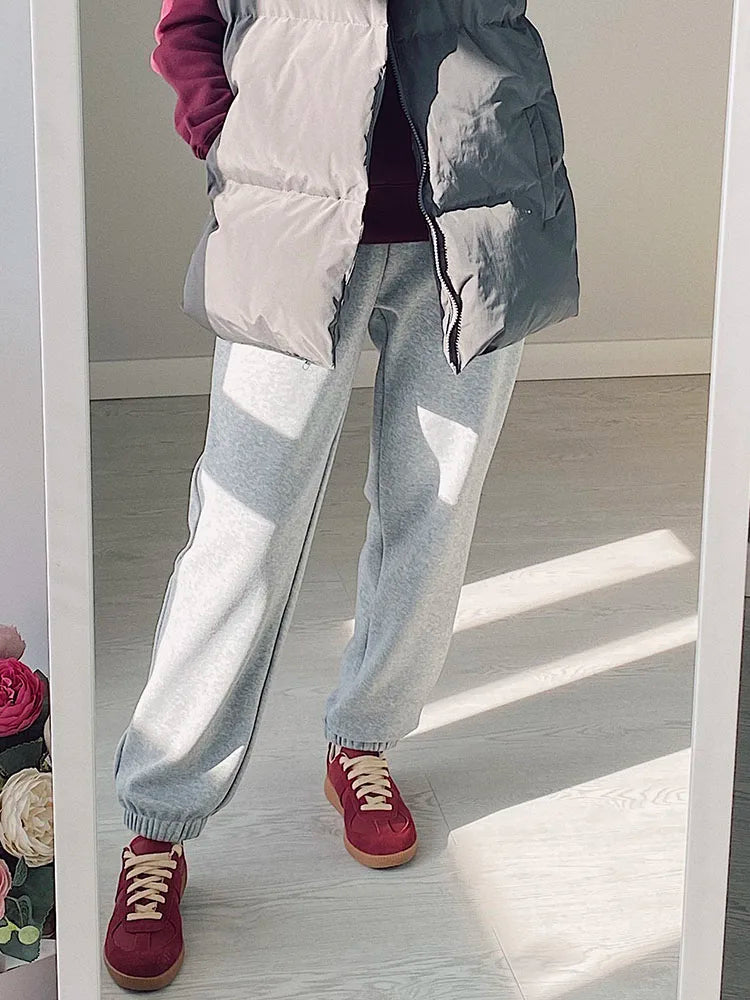 Sweatpants Women Winter Straight Leg Fleece Pants Elastic Waist Gray Velvet Trousers
