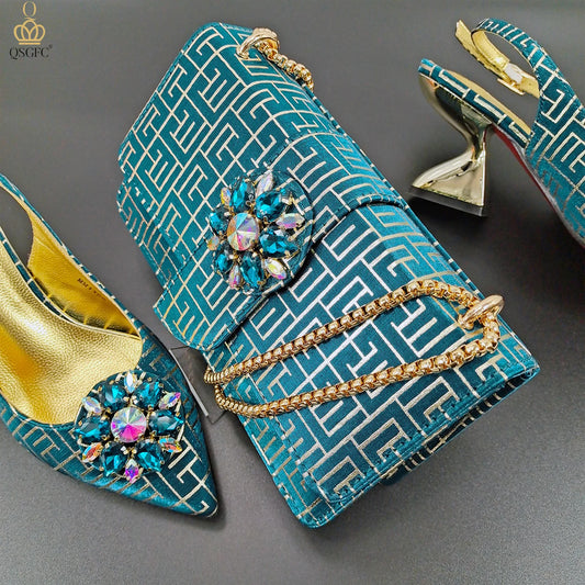 QSGFC New Style Teal Blue Color Platform Design Peep Toe Ladies Shoes Matching Bag Set For Mature Women Heel Party Pump