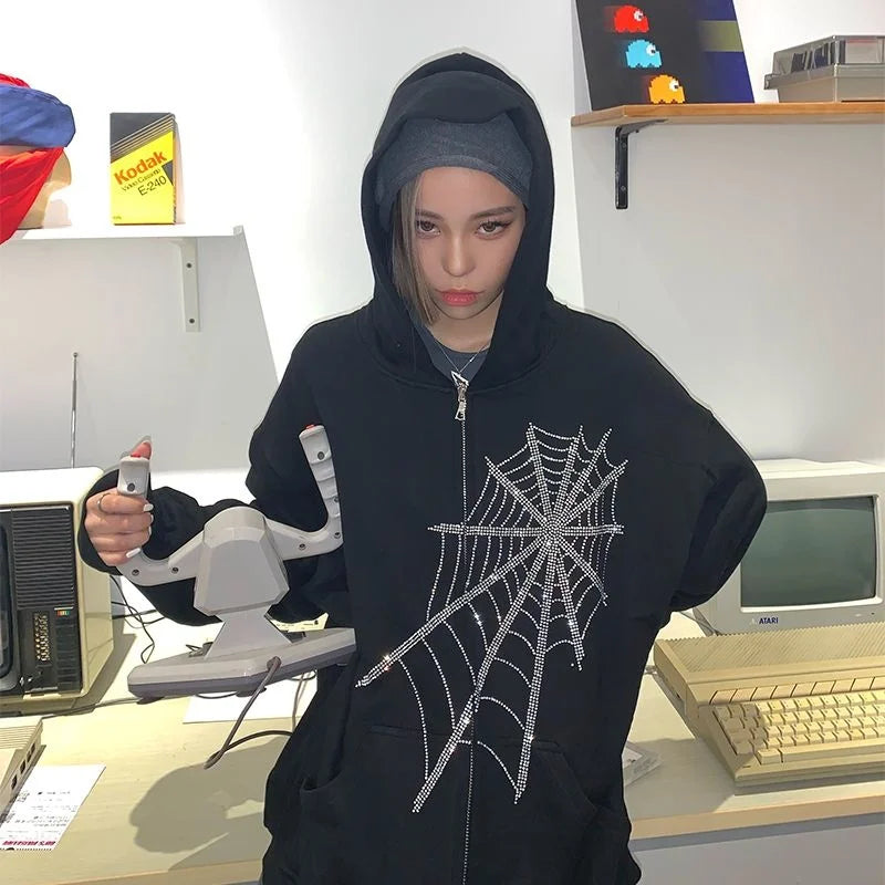 Y2k Gothic Spider Web Diamond Zipper Hoodie Female Autumn Winter Oversize Fashion