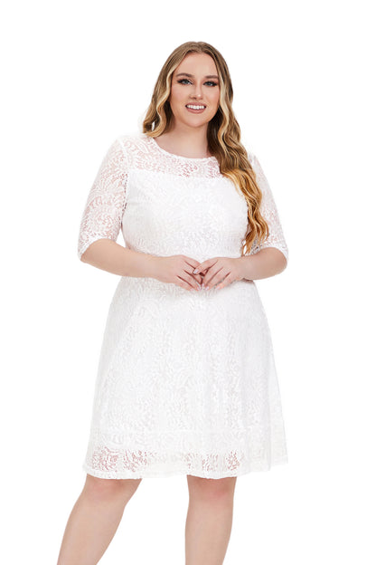 Plus Size Contrast Lace Semi Sheer 3/4 Sleeve Midi Dress, Women's Plus Slight Stretch Elegant Midi Dress