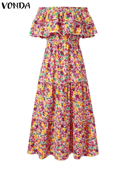 Plus Size 5XL VONDA Bohemian Floral Printed Maxi Long Dress 2023 Summer Women Casual Loose Ruffle Beach Short Sleeve Party Robe