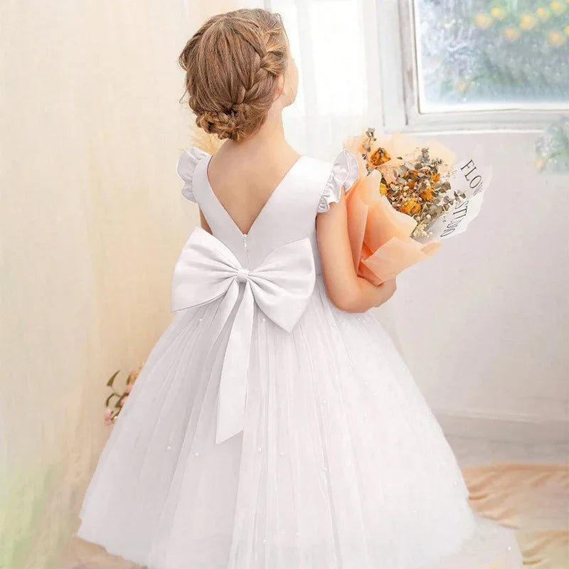 Elegant Pink Fluffy Girl Dresses Birthday Tulle Sleeveless Bow Pearls Princess Wedding Party Gown Kids Piano Performance Costume