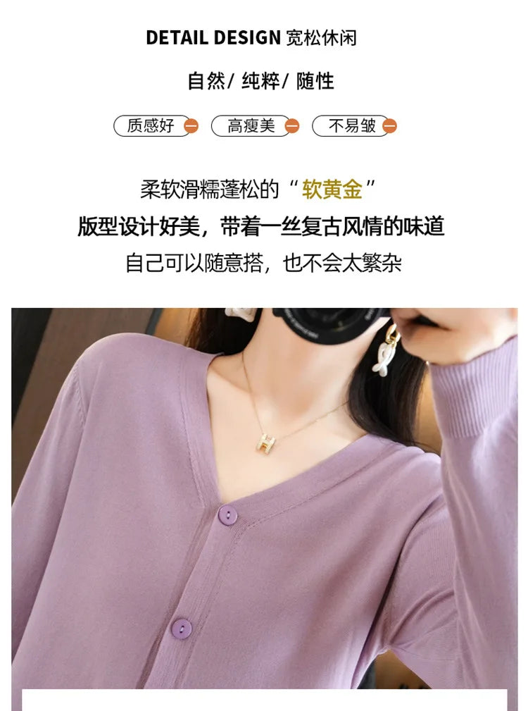 Summer Korean Version Thin Solid V-Neck Ice Silk Knitted Long Sleeve