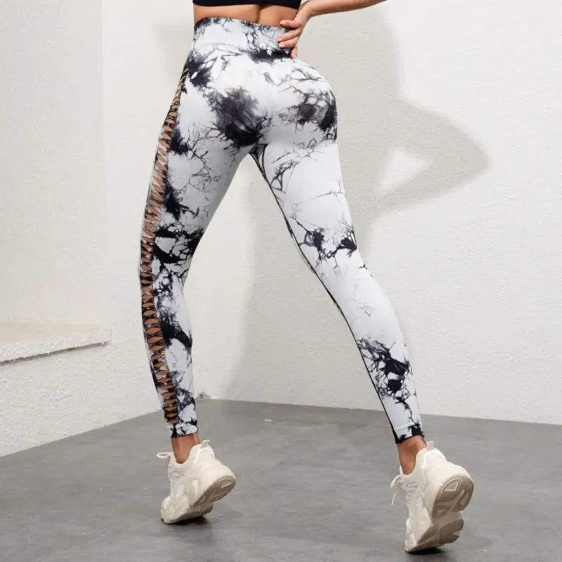 Tie Dye Yoga Pants Hollow Seamless Sport Leggings for Women