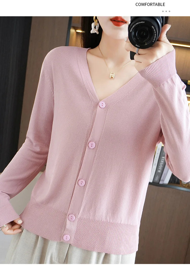 Summer Korean Version Thin Solid V-Neck Ice Silk Knitted Long Sleeve