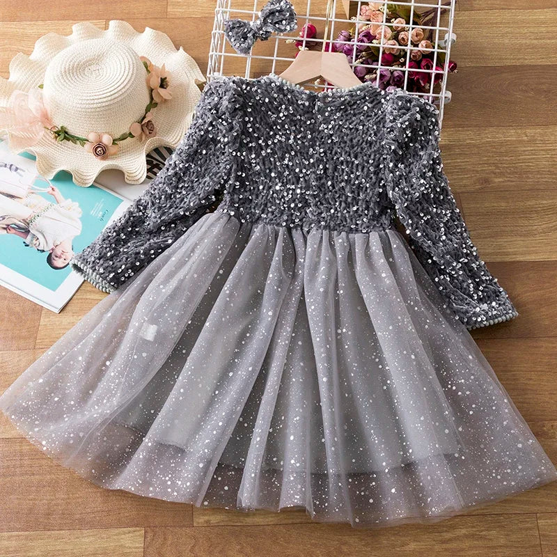 Red Sequins Christmas Dress for Girls Kids Winter Long Sleeve Clothes