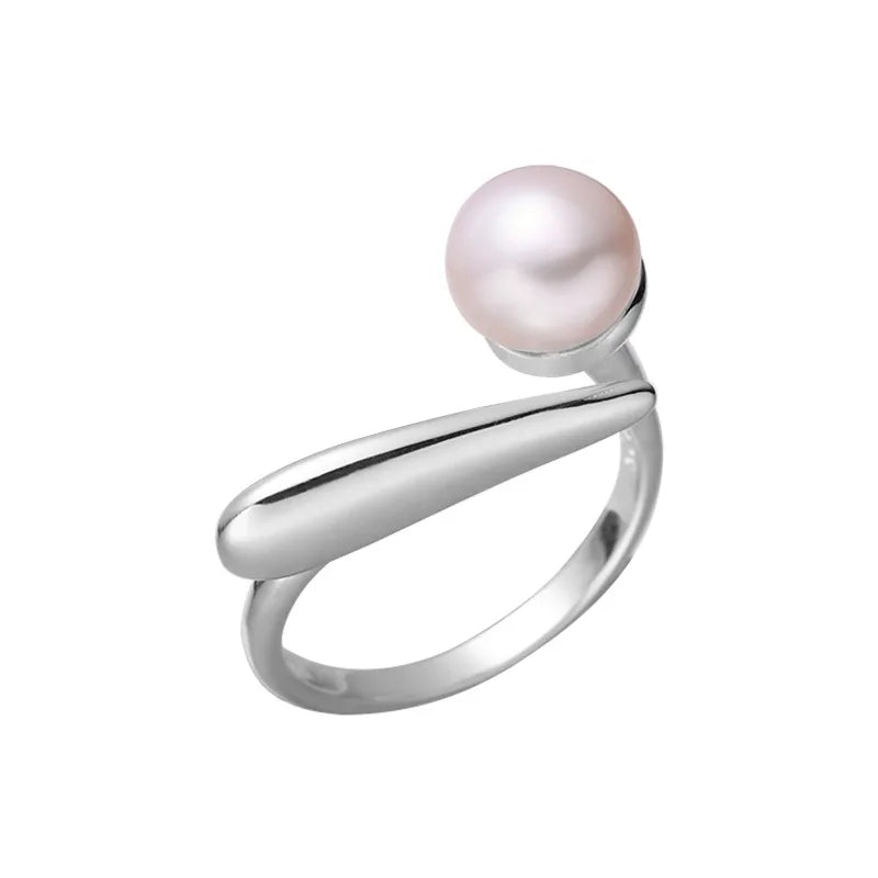 925 Sterling Silver Round Pearl Ring Wedding Adjustable Rings For Women Jewelry