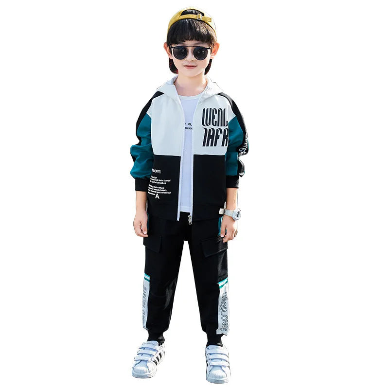 2026 winter spring Tracksuit Clothes Boys Teenager Kids zipper splicing Child set jacket hooded + striped Pant 8 9 10 11 12 year