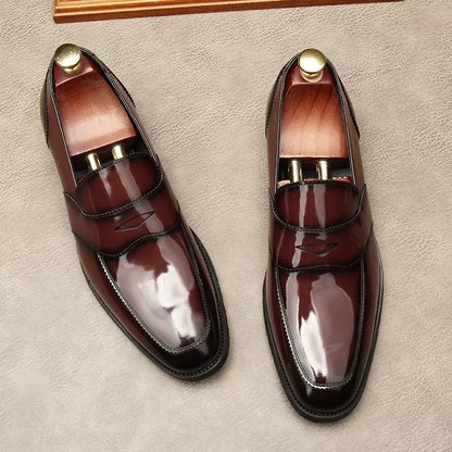 HKDQ Slip On Dress Men Shoe Genuine Leather Wedding Brand Loafers Men Round Head Formal Fashion Black Wine Red Oxford Shoe