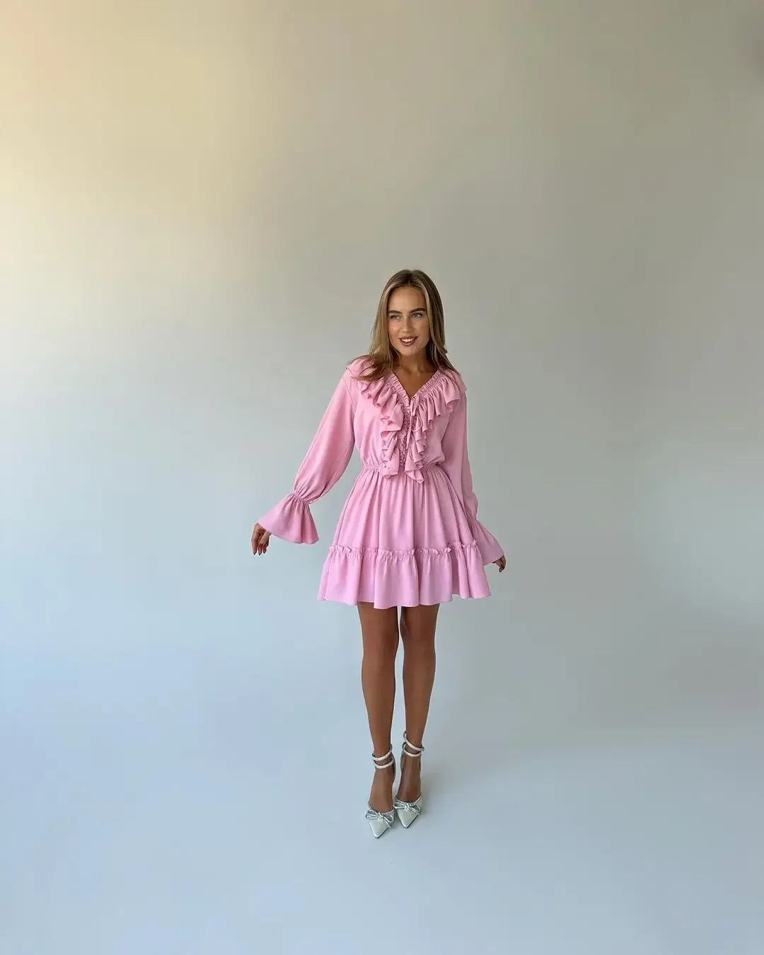 Talenza White Ruffle Bandage Mini Dress Women's Elegant Patchwork Long Sleeve Dress New Slim V Neck Lace Up Summer Mini Dress