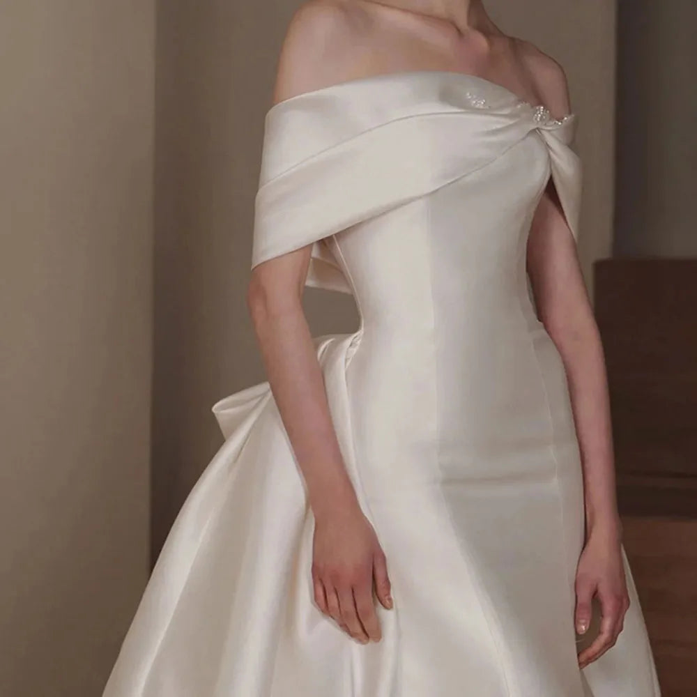 White Bridesmaid Dresses: Off The Shoulder Short Sleeve Neck Beading Bow Satin