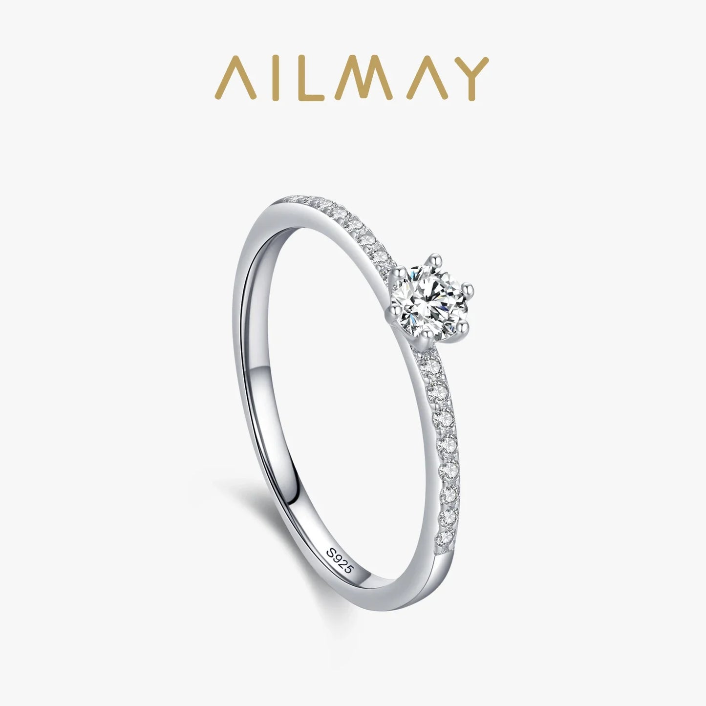 Ailmay Real 925 Sterling Silver Simple Sparkling Round Clear Zircon Ring For Women Classic Luxury Wedding Accessories Jewelry