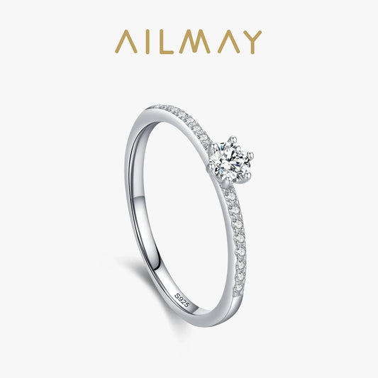 Ailmay Real 925 Sterling Silver Simple Sparkling Round Clear Zircon Ring For Women Classic Luxury Wedding Accessories Jewelry