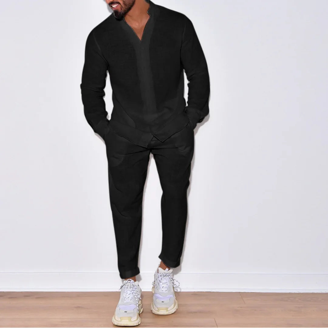 Autumn men's new fashion solid color suit cotton cardigan lapel long sleeve pants suit