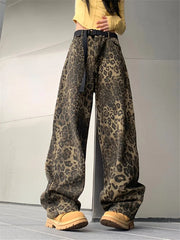 Women Fashion High Street Wide Leg Punk Leopard Jeans Streetwear Vintage Denim Pants