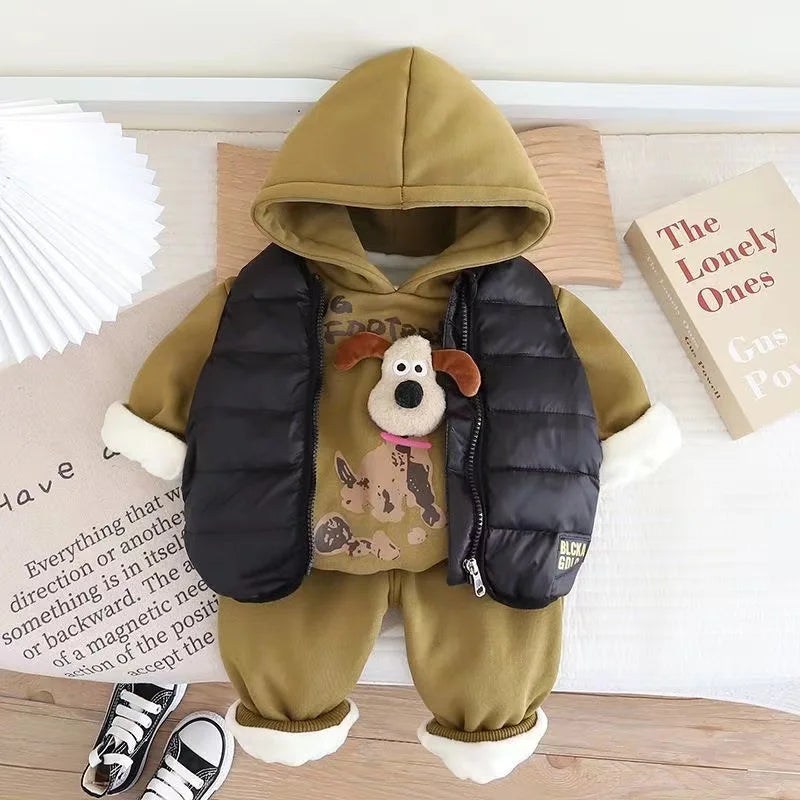 Boys and Girls Thickened Suit Winter Children's Velvet Vest Hoodies Pants Three-piece Set Hooded Clothes Winter Fashion