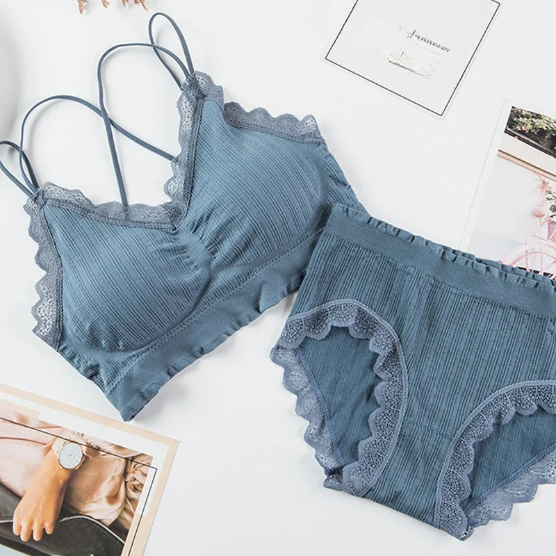 Tops Set High Waist Panties Women Wireless Underwear Suit Soft Padded Bras Set