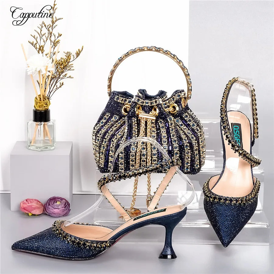 Gold Shoes And Bag Set For Women Luxury Ladies Pumps Match With Handbag Sandals Purse Clutch Escarpins Femme For Party QSL070