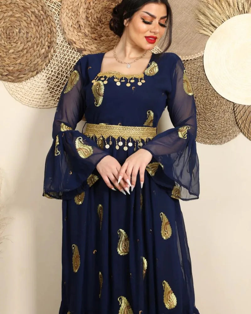 Evening Dresses Square Collar A-LINE Long Sleeved Tea-Length Formal Dress Women