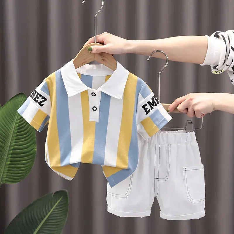 ‌New 2025 Boys Cotton Striped Shorts Set 2-Piece Summer Outfit Fashion Short Sleeve Casual Playwear Stylish Kids Clothing‌