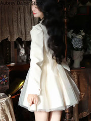 Korean Elegant Mini White Dress Women Vintage Chic Bow Mesh Design