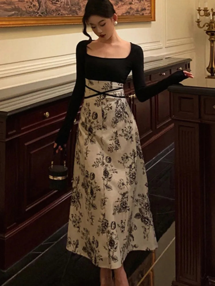 Evening Dresses: Women's Floral Patchwork Midi Dress Square Collar Long Sleeve