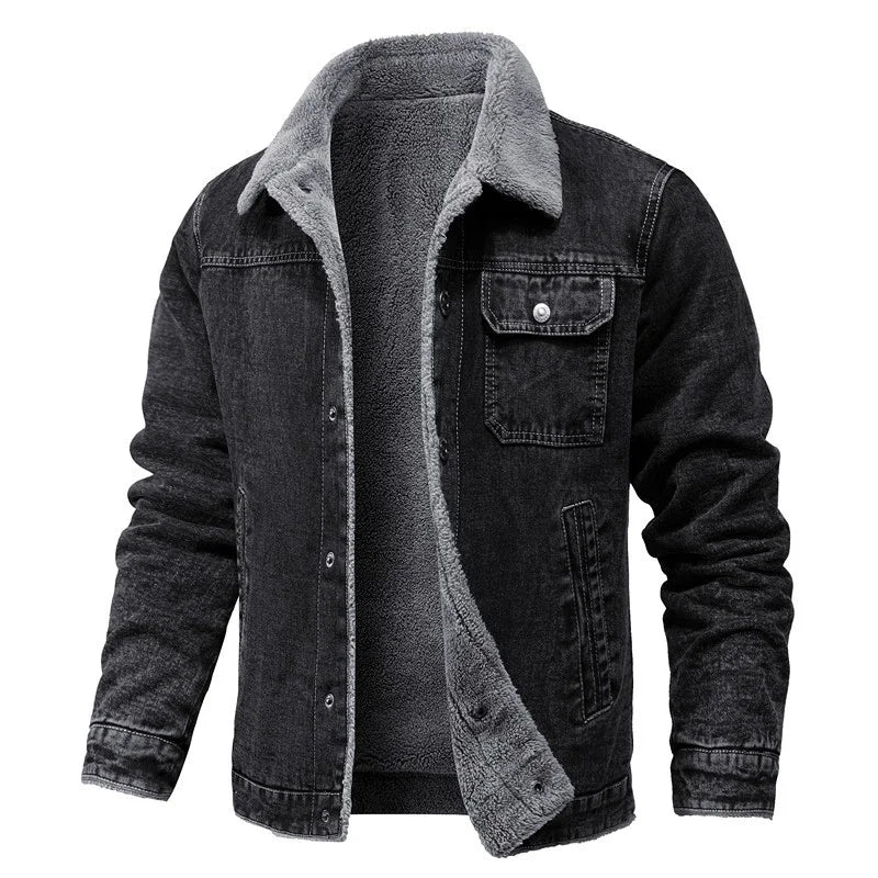 Men's Winter Jacket Fashion Men's Lapel Sherpa Fleece Lined Thicken Denim  Coats