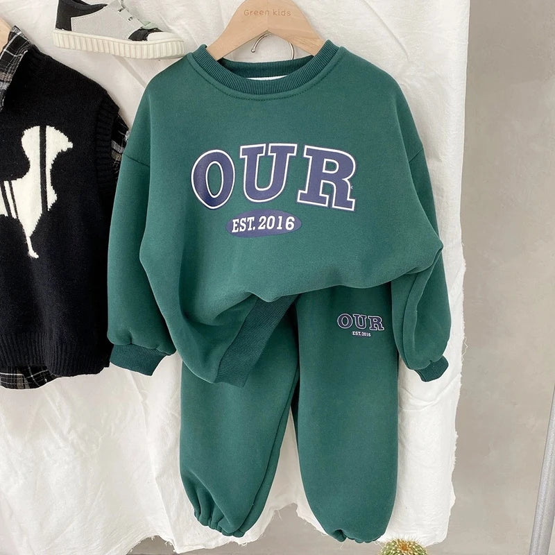 2-6 Years Boys Round Neck Sweater Sets Boys Warm Casual Loose 2Pcs Autumn Spring New Children's Long-Sleeved Letter Sports Suit