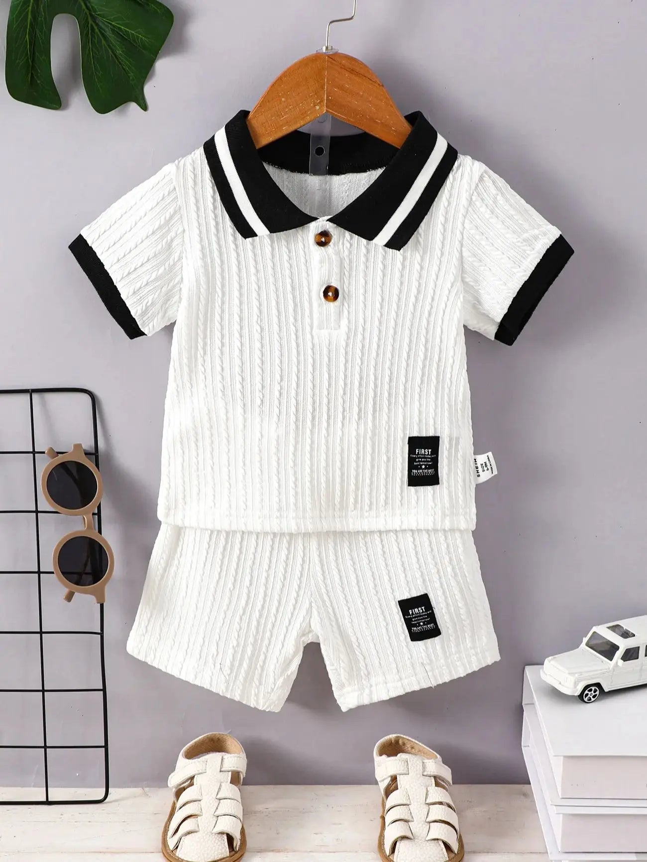 Baby Boys Summer Thin Shorts Set Lapel Temperament Color Contrast Short Sleeve Texture T-Shirt Elastic Waist Solid Color Pants