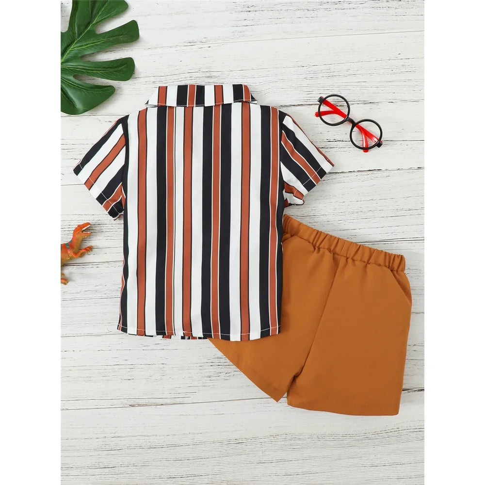 4-7 Years Clothes Set for Kids Baby Boy Handsome Striped Short Sleeves Shirt+Solid Shorts 2PCS Summer Daily Casual School Outfit