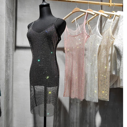 Bungee Sexy Slim Slim Women's 2024 Summer New Bright Diamond Crystal Temperament Bag Hip Sling Mid-length Dress Fashion Trend