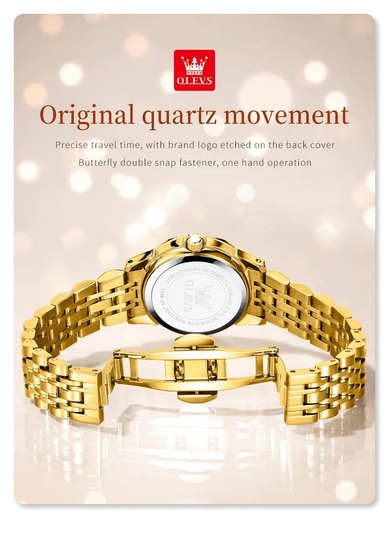 OLEVS Fashion Golden Watch for Women Stainless Steel Waterproof Women's Watches Elegant Original Luxury Ladies Quartz Wristwatch