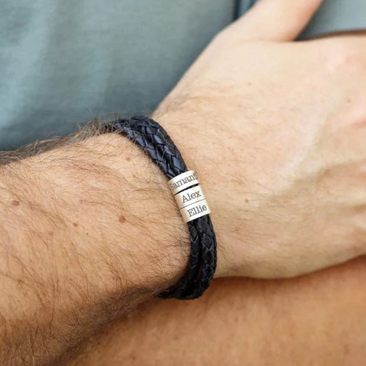 Personalized Names Men Leather Bracelet Braided Leather Bracelet Custom Family Names Bracelet Personalized Gift forFather's Day