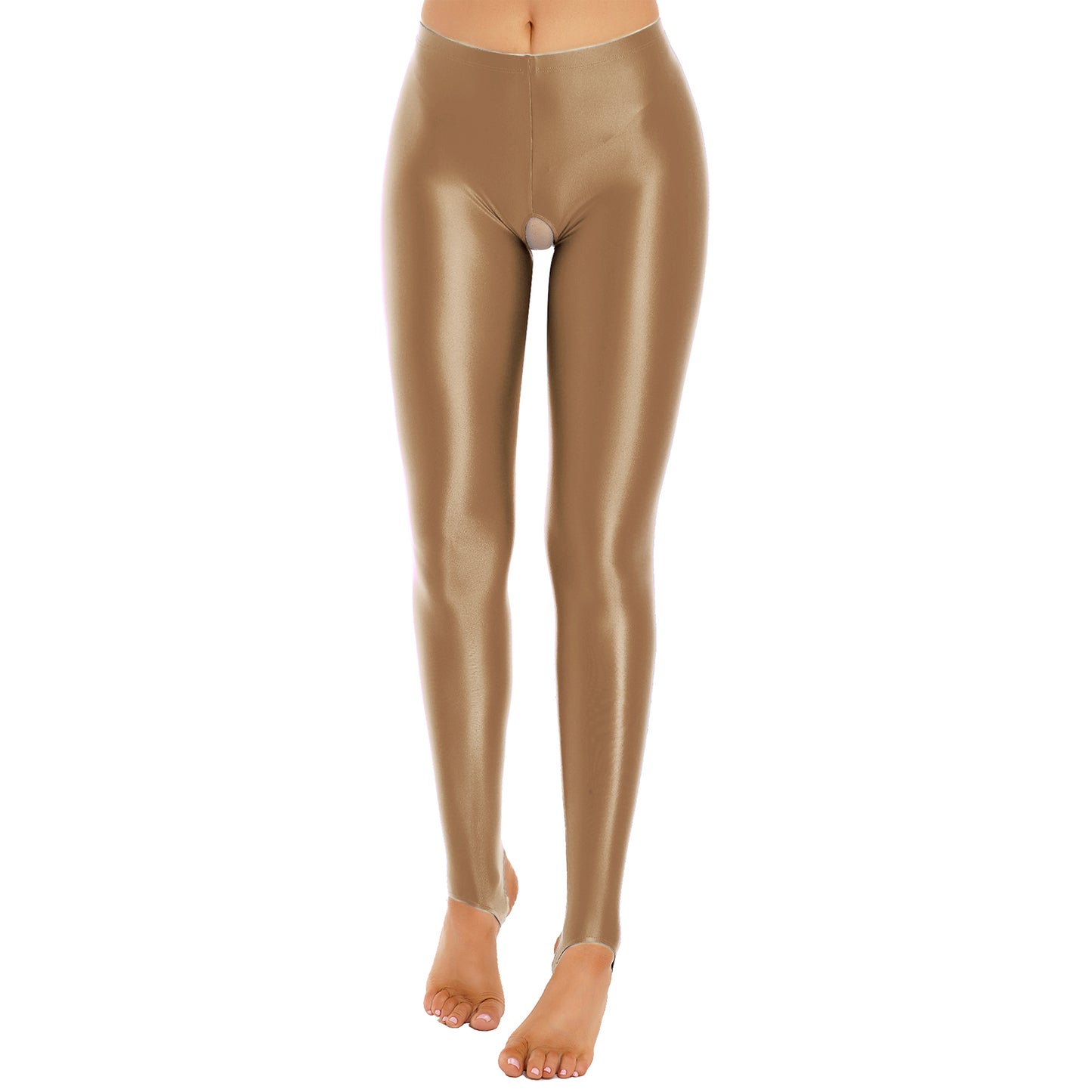 Womens Lingerie Glossy Open Crotch Stirrup Tights Leggings Stretchy Smooth Mid Waist