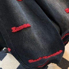 Black and Red Letter Embroidered Jeans Female Y2K Spring and Autumn