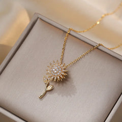 Fashionable Double Layer Rotatable Sunflower Flower Necklace for Girls, Versatile