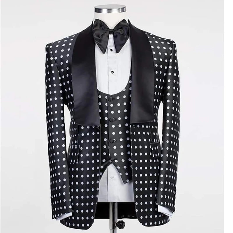 Tuxedo for Mens: Black Check Dots Men Suits Slim Fit for Wedding 3 Pieces