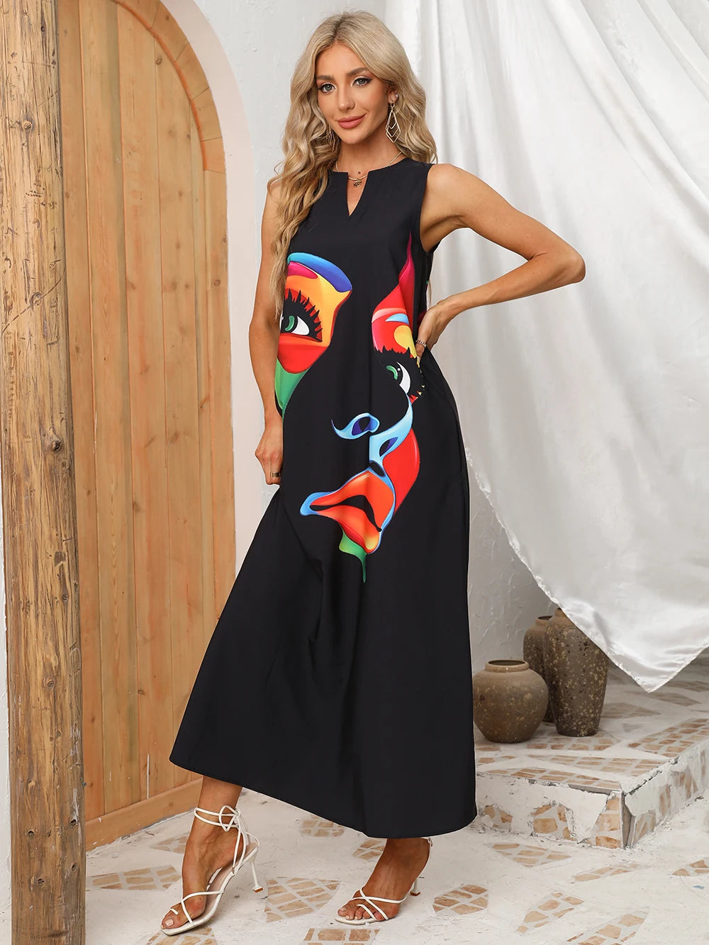 Formal attire Dresses: Women's Dress Black Sleeveless Loose Face Print Elegant