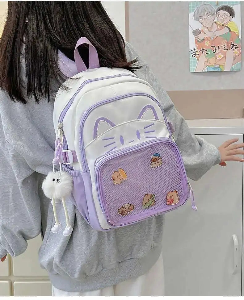 Y2K Cute Cat Ita Backpacks Large Capacity Knapsack Casual Girl Transparent DIY Display Rucksack Cartoon Trendy Travel Schoolbags