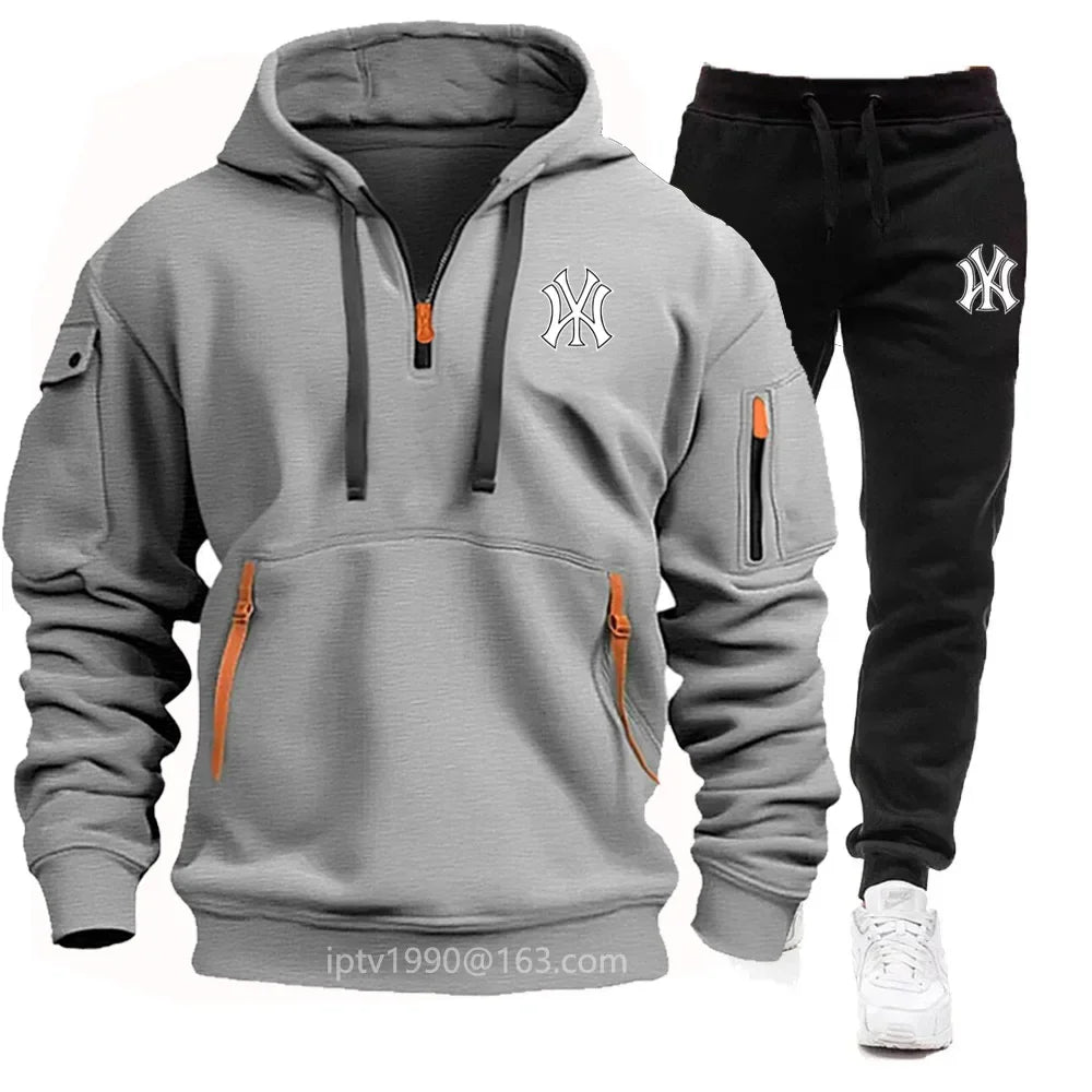 A stylish, casual and fitness two-piece set for men's autumn and winter 2025: zipper hoodie, long-sleeved pullovers and jogging