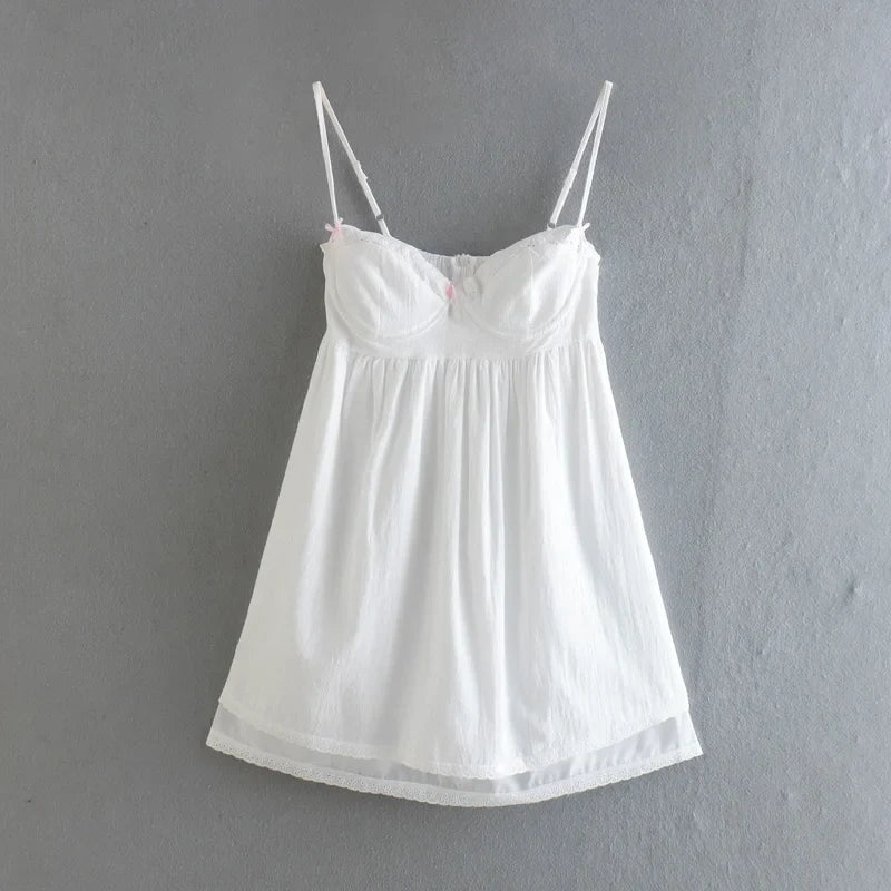 2022 Sexy White Spliced Embroidery Lace Bra Corset style Mini Dress Women Backless Party Skater Short Sling Robe Holiday