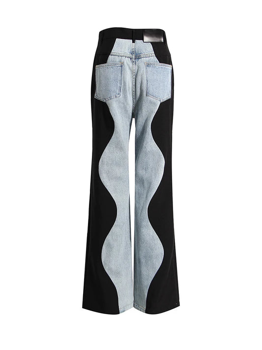 High Waist Blue Denim Long Color-block Wave Wide Leg Jeans Loose Women Trousers