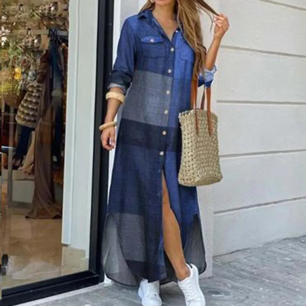 Women Long Sleeve Shirt Dress Spring Autumn Casual Boho Printed Dresses Fashion Vestido Single Breasted Button Party Female Maxi