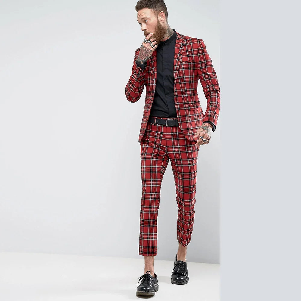 Tuxedo for Mens: Red Plaid Men Suits 2 Piece Fashion Notch Lapel Single Breasted