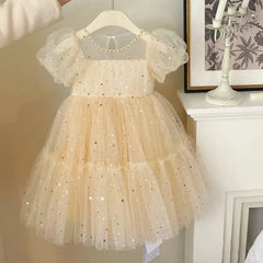 Dresses Girls' Elegant Dress Girl Baby Bubble Sleeve Mesh Sequin Dress