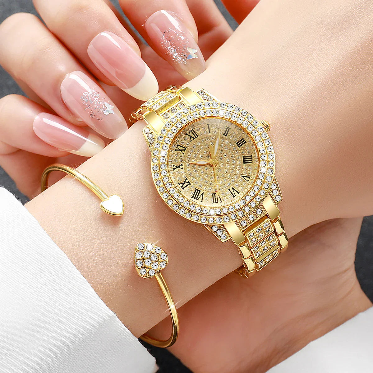 2/6PCS Luxury Diamond Women Watches Ladies Roma Dial Quartz Watch With Heart Jewelry Set Reloj Mujer (Without Box)